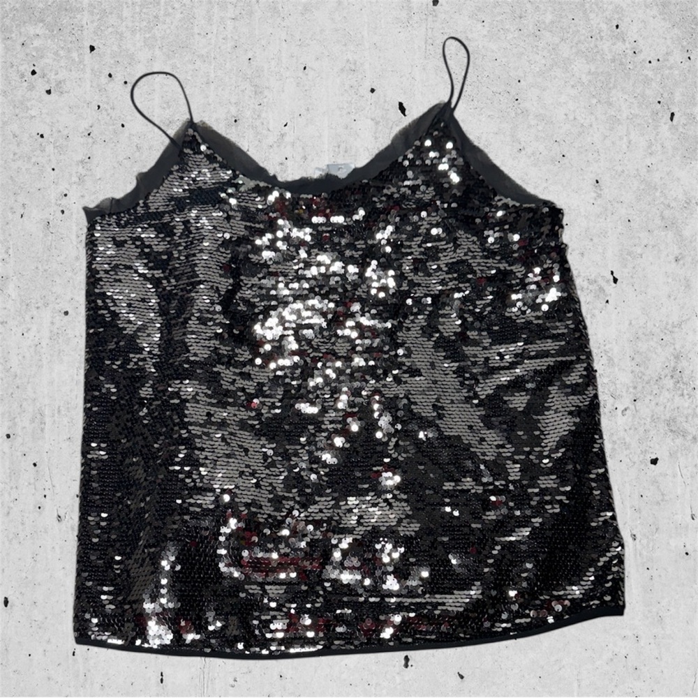 WD.NY Shimmering Black silver Sequin Camisole spaghetti strap blouse tank top